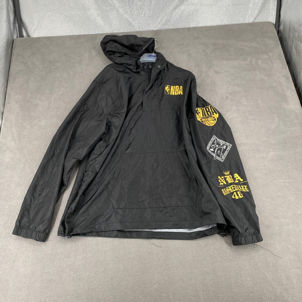 NBA Basketball Windbreaker Jacket Mens Large Black Yellow Anorak Hooded Pullover